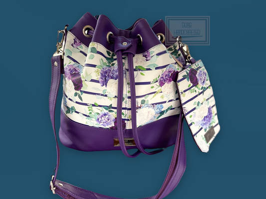 Purple print Luna Drawstring Bucket bag and matching purse pal